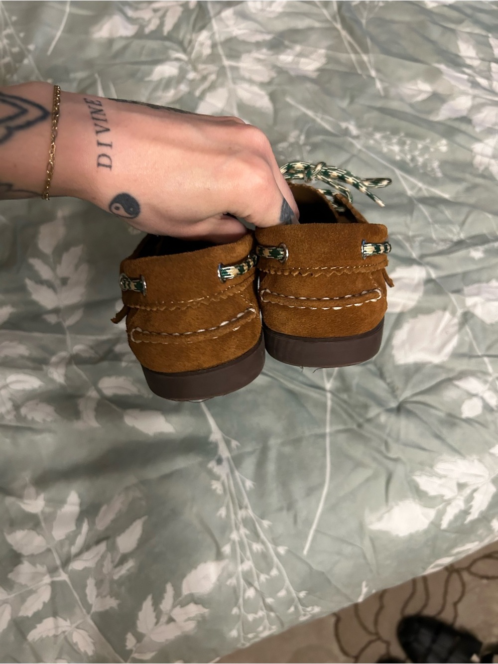 Loeffler Randall Brown Suede Boat Loafers with Patterned Laces - Picture 3 of 3